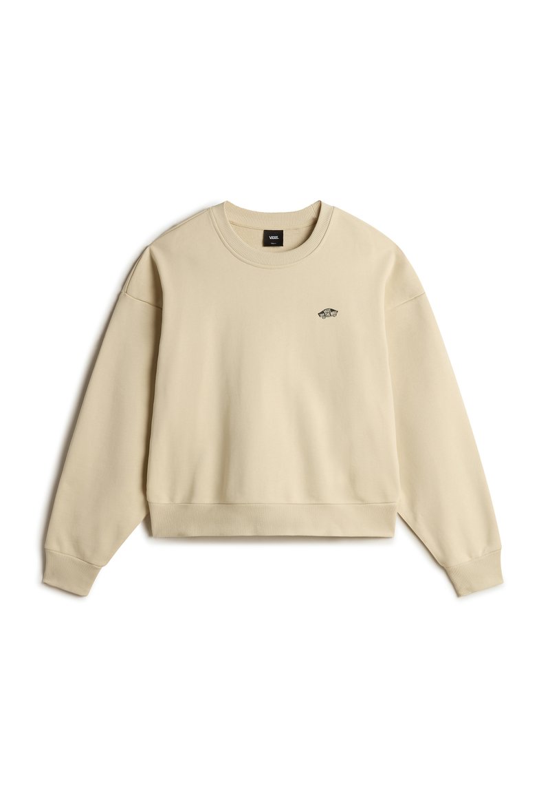 Sudadera beige con cuello redondo, puños y dobladillo acanalados, que presenta un pequeño logo en el pecho. Tela suave y corte relajado.