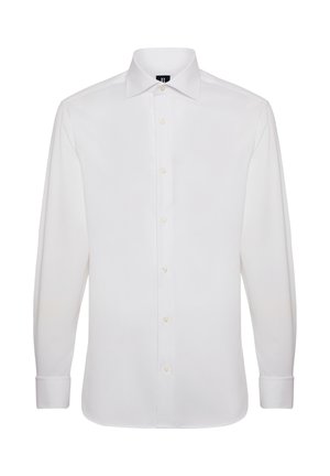 Witte lange mouwen shirt met een puntige kraag, vooraan knoopsluiting en verstelbare manchetten, gemaakt van een gladde stof met een effen textuur.