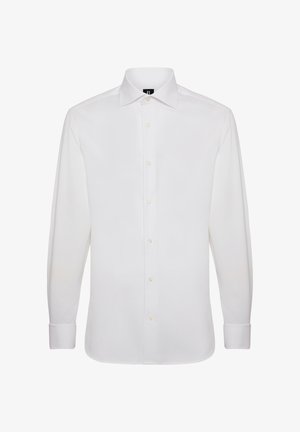 Witte lange mouwen shirt met een puntige kraag, vooraan knoopsluiting en verstelbare manchetten, gemaakt van een gladde stof met een effen textuur.