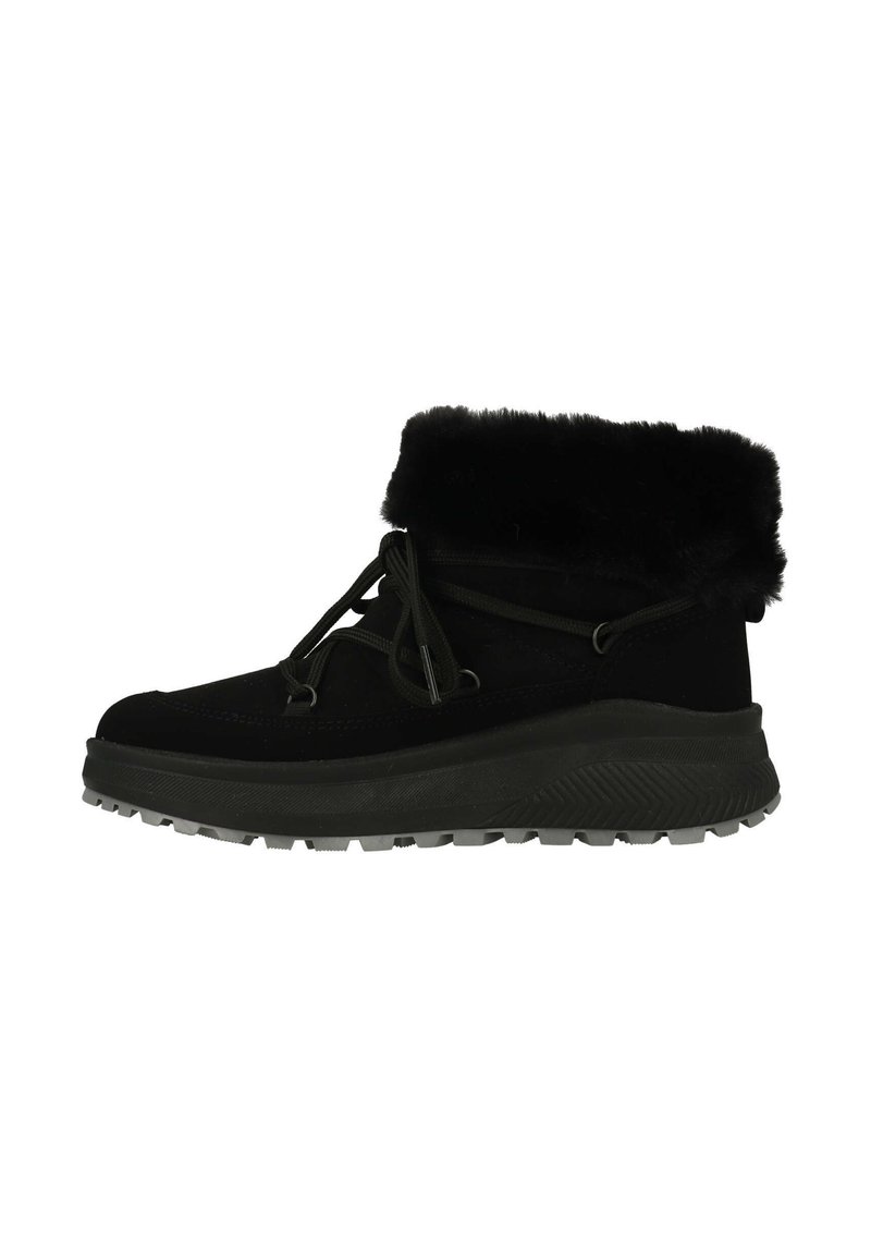 Zwarte enkellaarsjes met nepbont kraag, bovenwerk van suede en stevige rubberen zool. Voorzien van een vetersluiting en een gestructureerde zool voor grip.