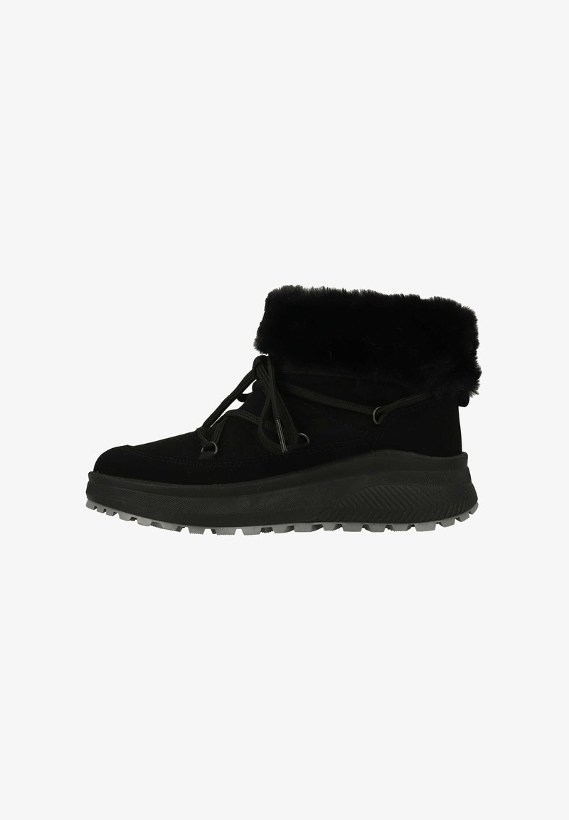Zwarte enkellaarsjes met nepbont kraag, bovenwerk van suede en stevige rubberen zool. Voorzien van een vetersluiting en een gestructureerde zool voor grip.