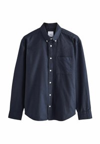 Námornícky modrá košeľa na gombíky vyrobená z bavlny. Obsahuje jednu náprsníkovú kapsu, dlhé rukávy a klasický golier s bielymi gombíkmi.