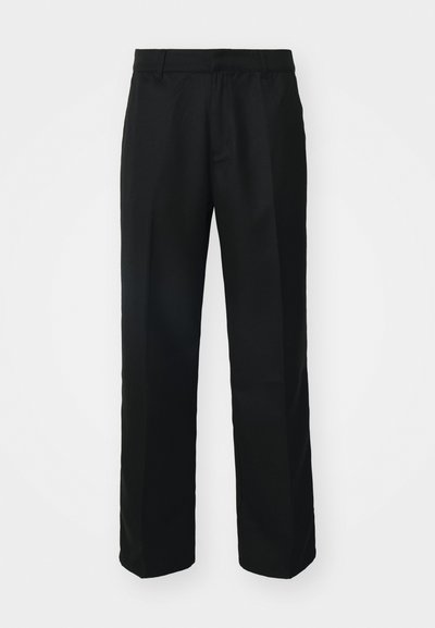 Black trousers with a straight-leg design, made from smooth fabric. Features a flat front with no visible pockets and a classic waistband.