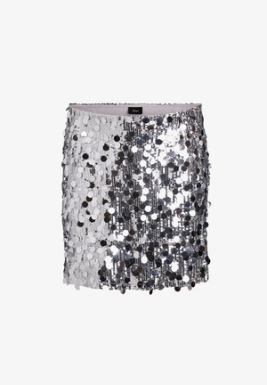 Mini-jupe en sequins argentés avec un design ajusté, doublée d'un intérieur lisse et dotée d'une ceinture, ornée de nombreux sequins circulaires réfléchissants.