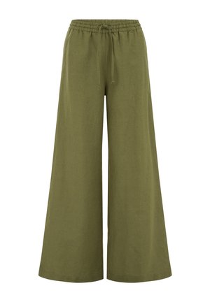 Široké nohavice olivovej farby so sťahovacou gumou v páse a šnúrkou, vyrobené z ľahkej tkaniny.