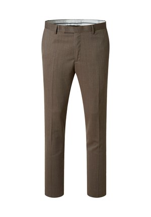 Brown tailored men's dress trousers with belt loops and a slim fit, displayed against a white background.