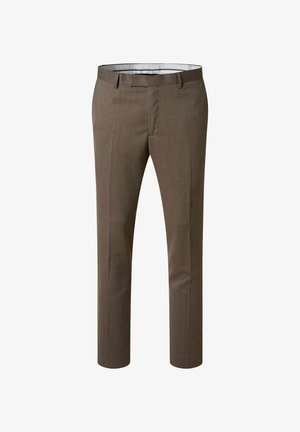 Brown tailored men's dress trousers with belt loops and a slim fit, displayed against a white background.