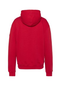 Sudadera roja con capucha y bolsillo tipo canguro, con cordón ajustable y puños acanalados. Confeccionada en un tejido suave y transpirable con textura lisa.