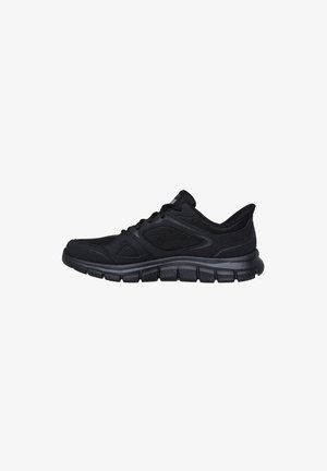 Black athletic sneaker with mesh panels, lace-up design, cushioned sole, and textured outsole viewed from the side.