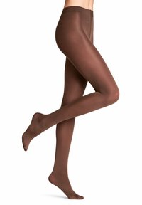 Collants opaques marron avec une texture lisse et une taille haute, conçus pour épouser les jambes, mettant en valeur une apparence sans couture.