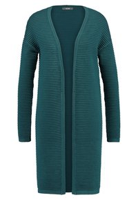 Teal lång cardigan med ribbat mönster, öppen frontdesign och långa ärmar. Tillverkad av ett mjukt, elastiskt tyg för komfort.