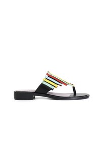 Sandalo nero con design a post per le dita, decorato con strisce colorate sovrapposte in rosso, giallo e blu per un tocco di stile. Suola interna testurizzata.
