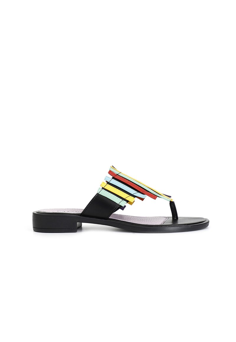 Sandalo nero con design a post per le dita, decorato con strisce colorate sovrapposte in rosso, giallo e blu per un tocco di stile. Suola interna testurizzata.