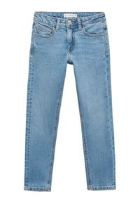 Lichtblauwe denim jeans met een slank fit, vijf zakken, messing hardware en een rechte pijp. Vervaagde was voegt textuur toe.