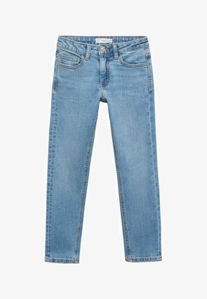 Hellblaue Denim-Jeans mit schmaler Passform, Fünf-Taschen-Design, Messingbeschlägen und geradem Bein. Der ausgewaschene Look sorgt für Textur.