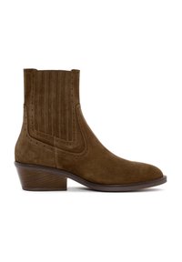 Brown suede ankle boot with low stacked wooden heel, elastic side panel, and decorative stitching on smooth leather sole.