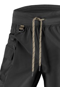 Schwarze Cargo-Shorts mit einem Kordelzug-Bund, beigen geflochtenen Schnüren, seitlichen Reißverschluss-Taschen und strapazierfähigem Material für Vielseitigkeit.
