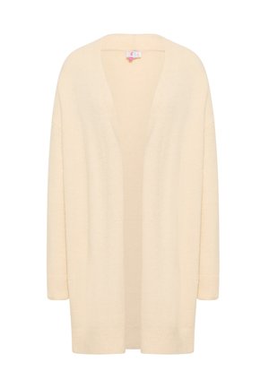 Beige, long-sleeve cardigan made of soft, lightweight material. Open front with a relaxed fit, featuring ribbed cuffs and hem.