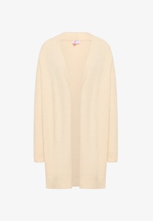 Beige, long-sleeve cardigan made of soft, lightweight material. Open front with a relaxed fit, featuring ribbed cuffs and hem.