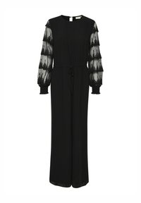 Schwarzer Jumpsuit mit Rundhalsausschnitt, elastischem Bund und langen transparenten Ärmeln mit Spitze und gerippten Bündchen. Glatte Stofftextur.