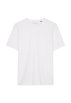 T-shirt blanc à manches courtes en tissu coton doux. Doté d'un col rond classique et d'un design simple et sans ornements.