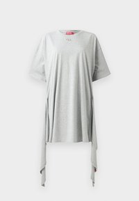 Gray t-shirt made of soft fabric featuring a crew neckline, short sleeves, side draping, and a small brand logo on the chest.