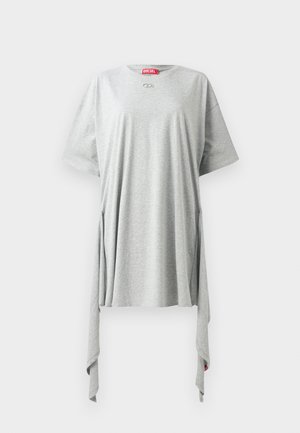 Gray t-shirt made of soft fabric featuring a crew neckline, short sleeves, side draping, and a small brand logo on the chest.