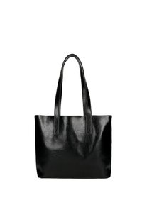 Černá kožená kabelka s hladkou texturou, vybavená dvěma pevným ušima a otevřeným designem. Jednoduchá, minimalistická estetika.