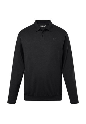 Polo shirt nero a maniche lunghe con collo a polo, due bottoni e logo ricamato sul lato sinistro del petto. Tessuto morbido e liscio.