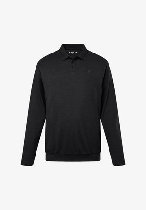 Czarna koszula polo z długim rękawem, z kołnierzykiem, dwoma guzikami i haftowanym logo po lewej stronie klatki piersiowej. Gładki, miękki materiał.