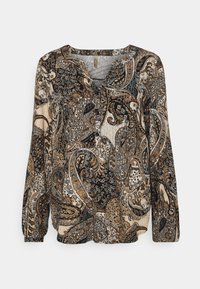 Langärmlige Bluse mit einem Paisleymuster in Brauntönen, Schwarz und Blau. V-Ausschnitt mit Knopfverschluss und strukturiertem Stoff.