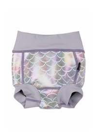 Caleçons de bain lavande à taille haute, ornés de motifs d'écailles irisés et d'une texture de tissu lisse. Accentués de coutures violettes.