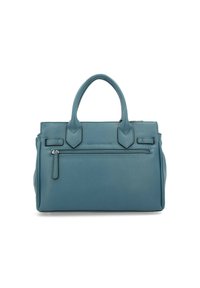 Teal leather handbag with two top handles, zippered front pocket, and structured design. Smooth texture with contrasting accents.