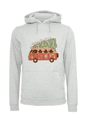 Grauer Hoodie mit einem Grafikdesign eines retro Vans, der einen Weihnachtsbaum auf dem Dach hat, geschmückt mit Blumen und Zuckerstangen. Detail der vorderen Tasche.