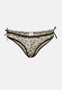 Spodný diel bikiniek so vzorom leopardieho potlače z priehľadnej látky, so čiernym lemom a jemnými stužkami na bokoch. Nastaviteľné pre pohodlné nosenie.