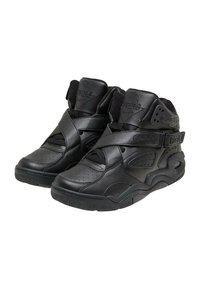 Schwarze High-Top-Sneaker aus Leder mit perforiertem Zehenbereich, verstellbarem Riemen, gepolstertem Kragen und profilierten Gummisohlen.
