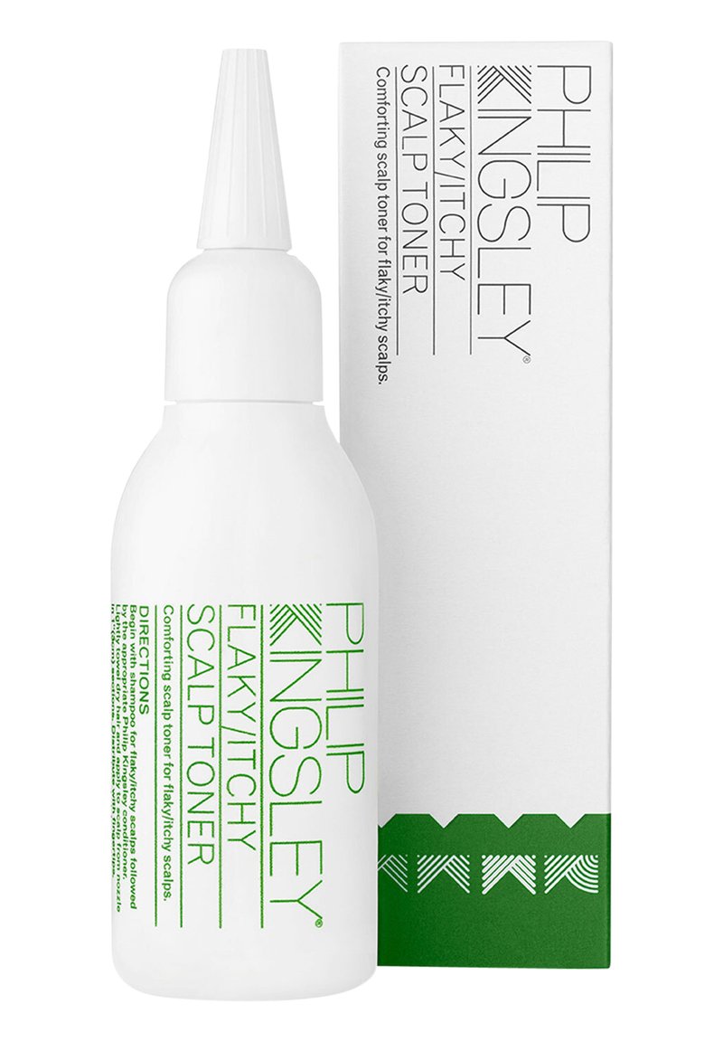 Weiße Plastikflasche mit einer verjüngten Öffnung, versehen mit grüner Schrift. Begleitet von einer weißen Box mit grünen Akzenten und Richtungsinformationen.