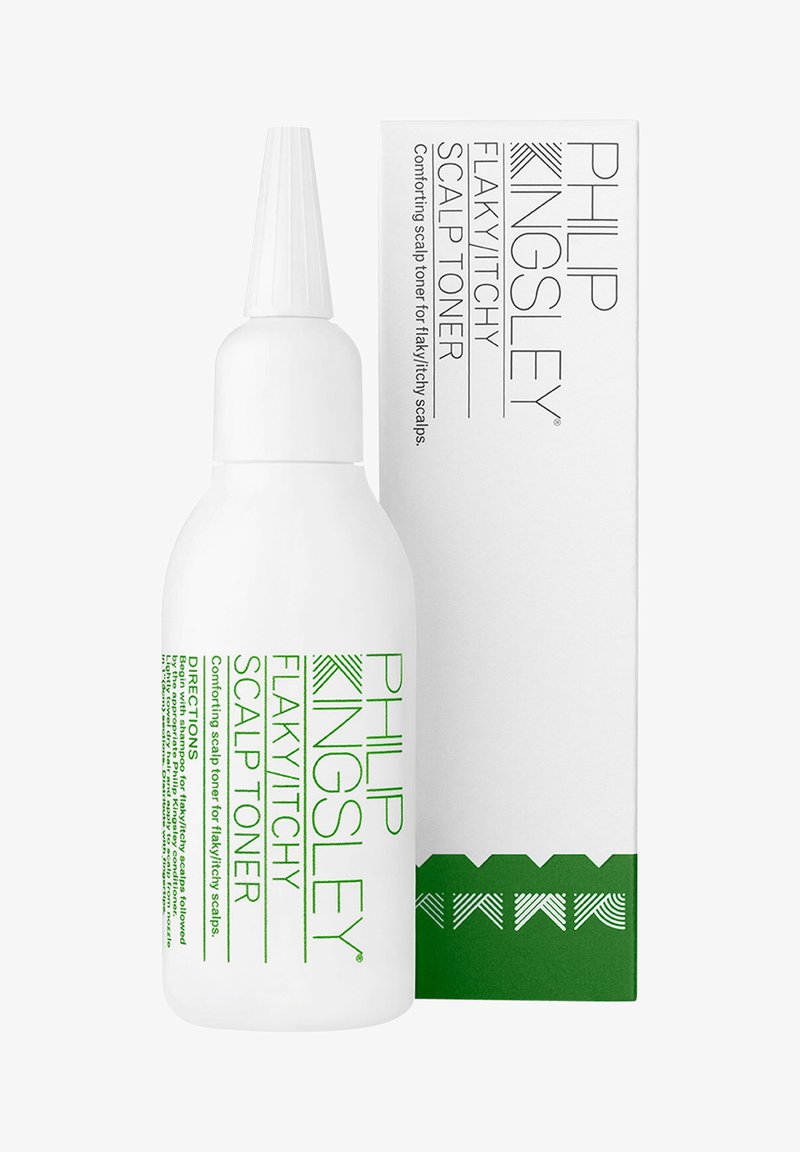 Weiße Plastikflasche mit einer verjüngten Öffnung, versehen mit grüner Schrift. Begleitet von einer weißen Box mit grünen Akzenten und Richtungsinformationen.