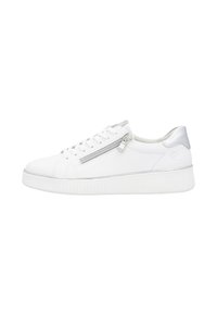 Baskets blanches avec une tige en cuir lisse, des accents argentés, une fermeture éclair sur le côté et une semelle texturée blanche. Bout rond et design à lacets.