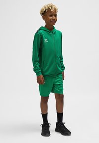 Grønt atletisk træningssæt med lynlåshætte, kortærmet og matchende shorts. Har logo på brystet, sidelommer og tekstureret stof.