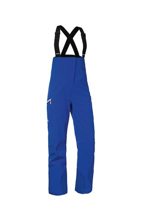 Blaue isolierte Schneehosen mit verstellbaren schwarzen Trägern, zwei vorderen Reißverschlusstaschen und verstärktem Saum für eine lange Haltbarkeit. Glattes, wasserdichtes Material.