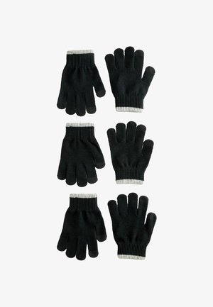 Schwarze Strickhandschuhe, die in zwei Paaren ausgestellt sind, mit einem gerippten Bündchen und einem grauen Akzent. Jeder Handschuh hat fünf Finger und eine glatte Textur.