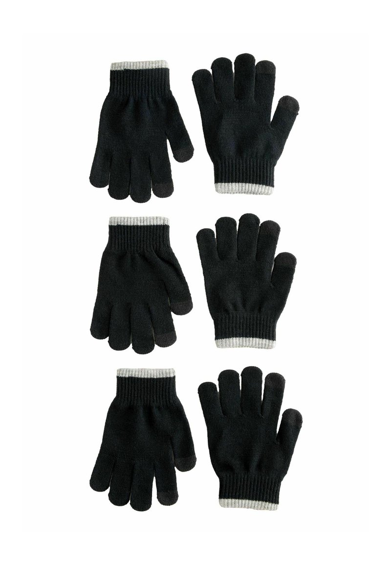 Gants en tricot noirs présentés en deux paires, avec un poignet côtelé et une accent gris. Chaque gant a cinq doigts et une texture lisse.