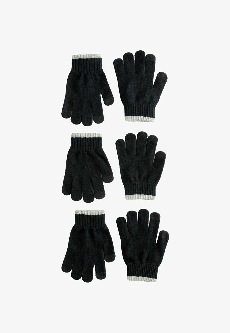 Guanti di lana neri esposti in due coppie, con polsino a coste e un accentuazione grigia. Ogni guanto ha cinque dita e una superficie liscia.