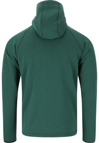 Giacchetta verde con cappuccio aderente, realizzata in tessuto strutturato. Presenta maniche raglan e cuciture tono su tono lungo le giunture.