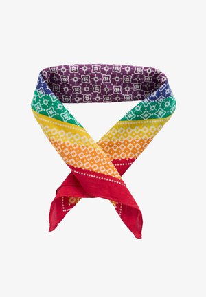 Écharpe en soie pliée en boucle avec des rayures multicolores — violet, bleu, vert, jaune, orange et rouge — ornée de motifs géométriques blancs.