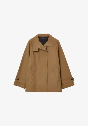 Brown women's jacket with wide sleeves, collar strap, front pockets, and buttoned cuffs, shown on white background.