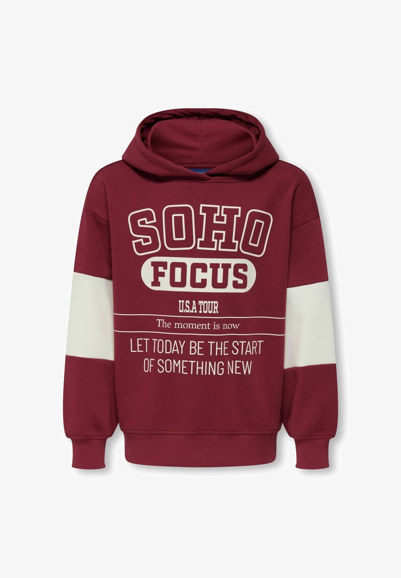 Felpa bordeaux con una striscia accentata bianca, caratterizzata da un testo audace: "SOHO FOCUS U.S.A TOUR" e varie frasi motivazionali. Materiale in cotone.