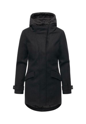 Schwarzer, langärmeliger Mantel mit hohem Kragen und Kapuze. Verfügt über zwei Fronttaschen, verstellbare Bündchen und einen leicht geschwungenen Saum für zusätzlichen Schutz.