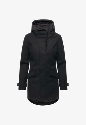 Svart langermet frakk med høy krage og hette. Har to frontlommer, justerbare mansjetter og en litt buet søm for ekstra dekning.